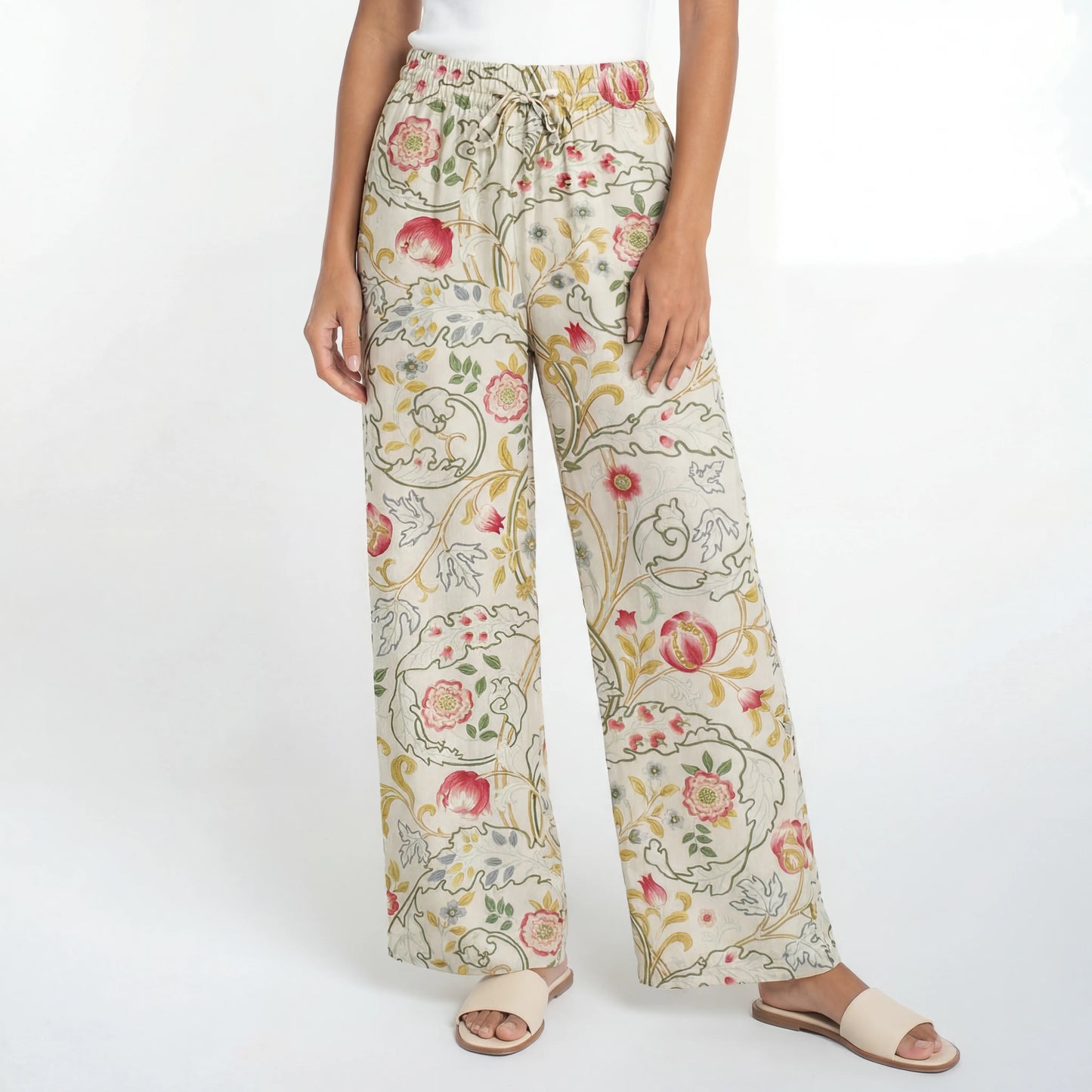Boho Peony Vine Garden Wide Leg Tie Waist Pants With Pockets