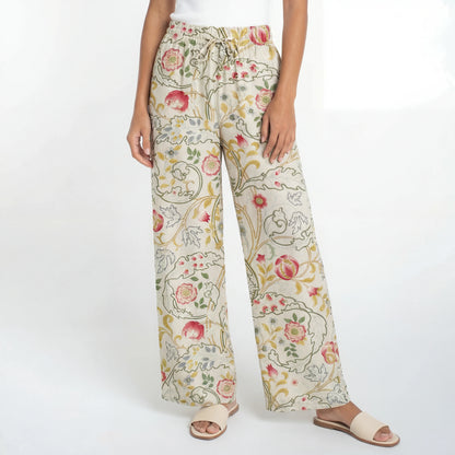 Boho Peony Vine Garden Wide Leg Tie Waist Pants With Pockets