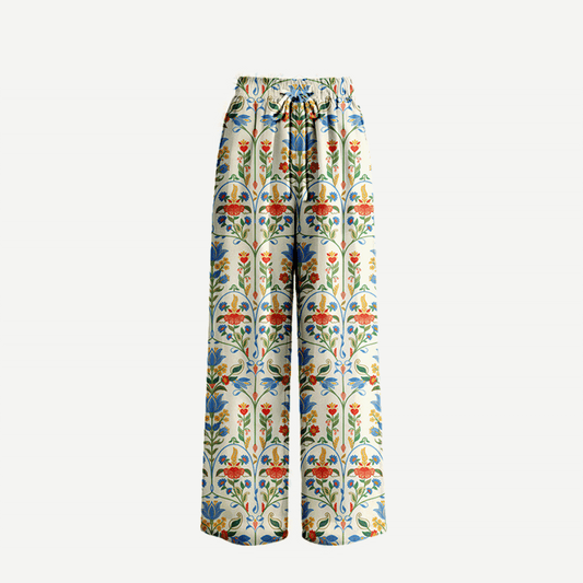 Boho Folk Bloom Wide Leg Tie Waist Pants With Pockets