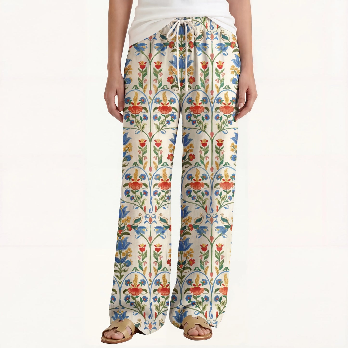 Boho Folk Bloom Wide Leg Tie Waist Pants With Pockets
