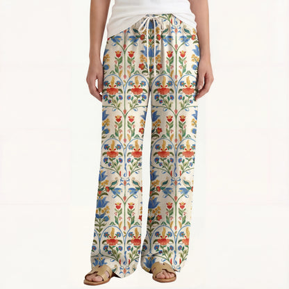 Boho Folk Bloom Wide Leg Tie Waist Pants With Pockets