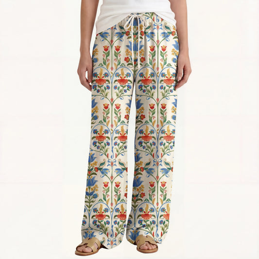 Boho Folk Bloom Wide Leg Tie Waist Pants With Pockets