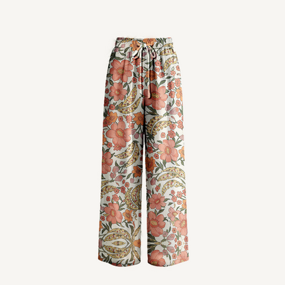 Boho Amber Bloom Wide Leg Tie Waist Pants With Pockets
