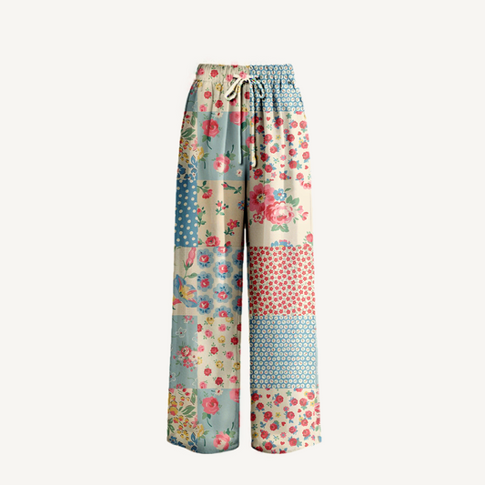 Boho Pastel Patc Wide Leg Tie Waist Pants With Pockets