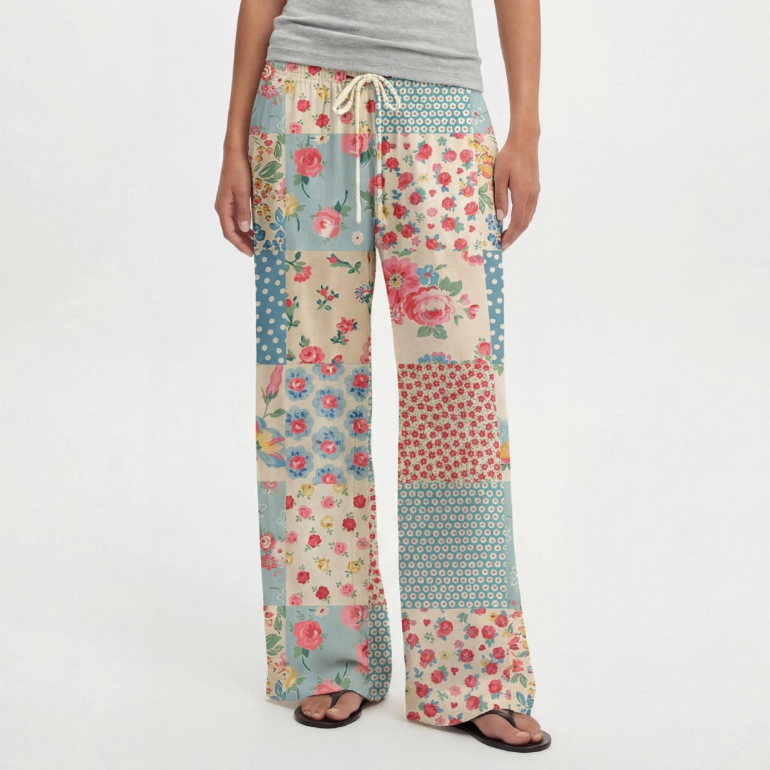 Boho Pastel Patc Wide Leg Tie Waist Pants With Pockets