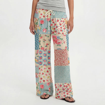 Boho Pastel Patc Wide Leg Tie Waist Pants With Pockets