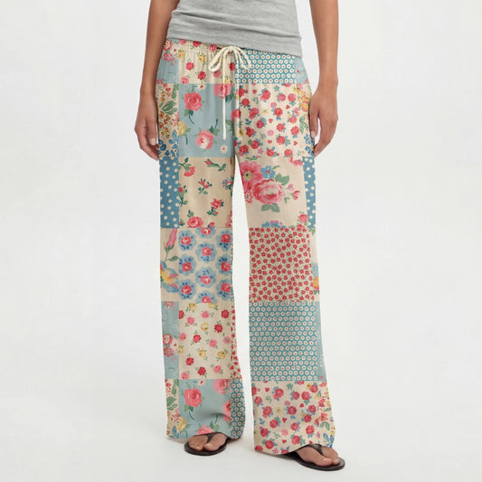 Boho Pastel Patc Wide Leg Tie Waist Pants With Pockets