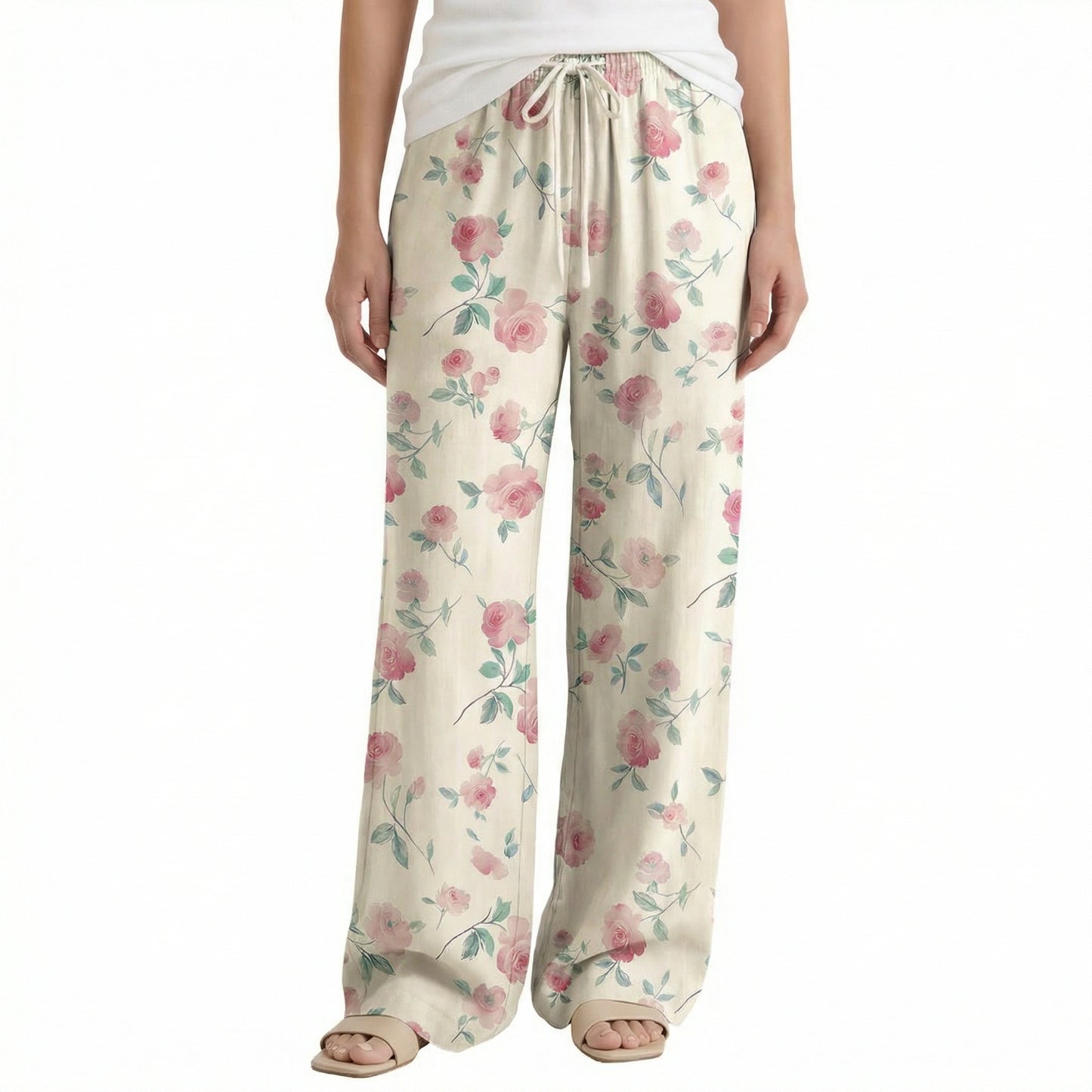 Boho Blush Rose Wide Leg Tie Waist Pants With Pockets