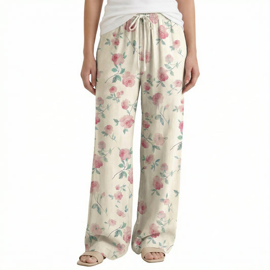 Boho Blush Rose Wide Leg Tie Waist Pants With Pockets