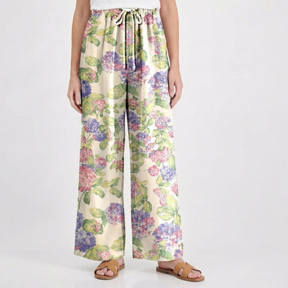 Boho Lilac Hydrangea Wide Leg Tie Waist Pants With Pockets