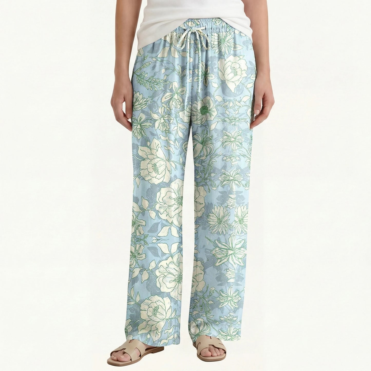 Boho Mist Floral Wide Leg Tie Waist Pants With Pockets