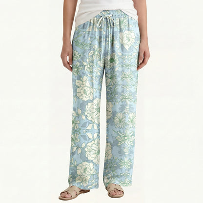Boho Mist Floral Wide Leg Tie Waist Pants With Pockets