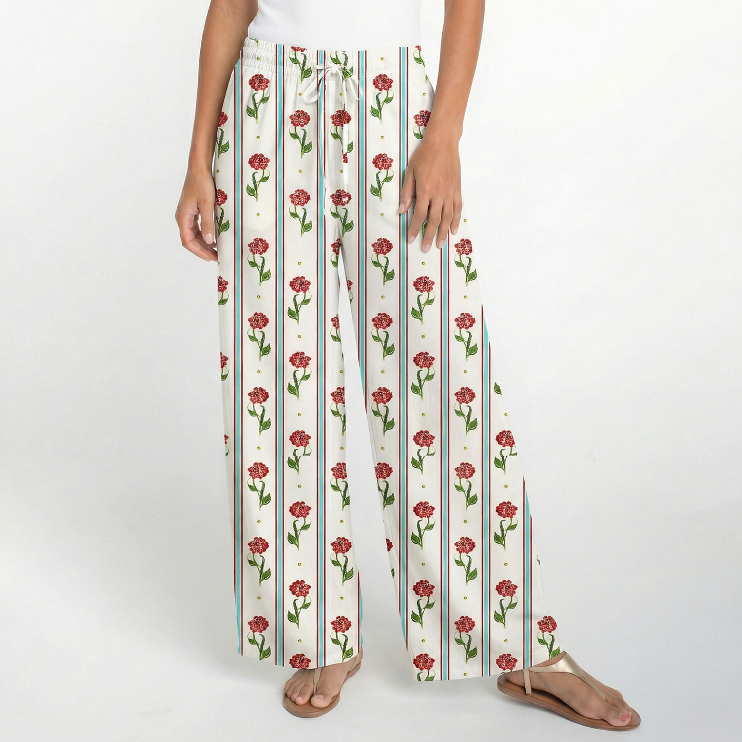 Boho Crimson Dianthus Wide Leg Tie Waist Pants With Pockets