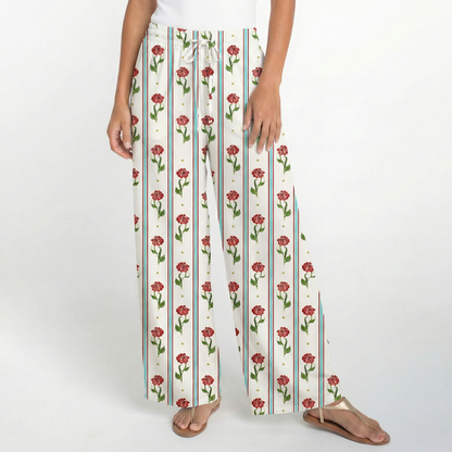 Boho Crimson Dianthus Wide Leg Tie Waist Pants With Pockets