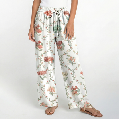 Boho Coral Vine Wide Leg Tie Waist Pants With Pockets