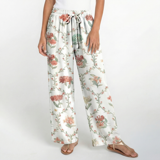 Boho Coral Vine Wide Leg Tie Waist Pants With Pockets