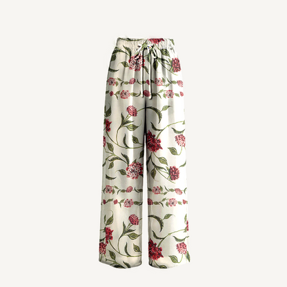 Boho Red Floral Wide Leg Tie Waist Pants With Pockets
