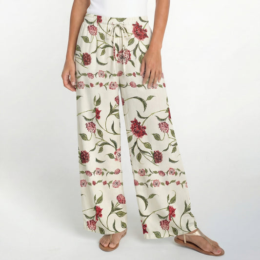 Boho Red Floral Wide Leg Tie Waist Pants With Pockets
