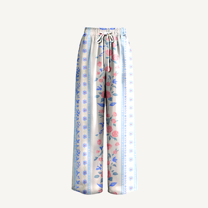 Boho Blue Rose Wide Leg Tie Waist Pants With Pockets