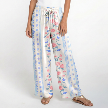 Boho Blue Rose Wide Leg Tie Waist Pants With Pockets
