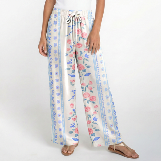 Boho Blue Rose Wide Leg Tie Waist Pants With Pockets
