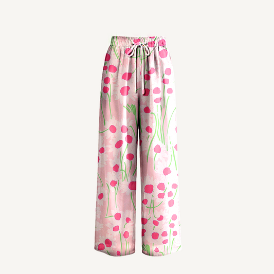 Boho Pink Daisy Wide Leg Tie Waist Pants With Pockets