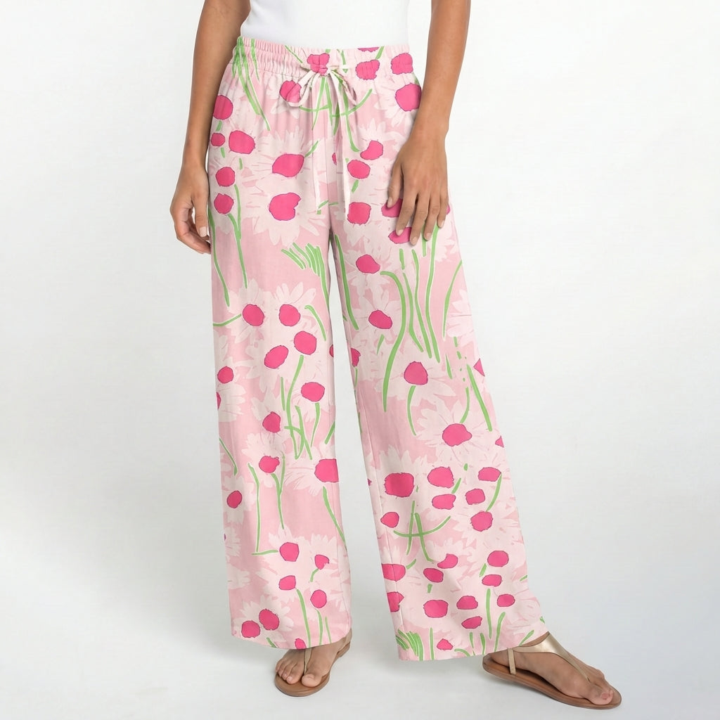 Boho Pink Daisy Wide Leg Tie Waist Pants With Pockets