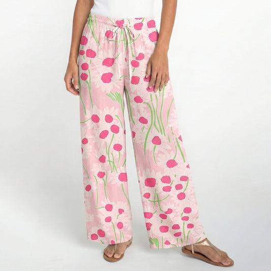 Boho Pink Daisy Wide Leg Tie Waist Pants With Pockets
