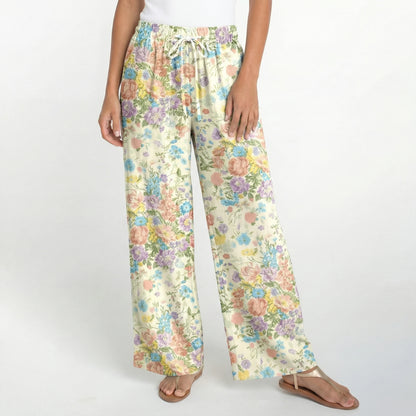 Boho Morning Dew Bouquet Wide Leg Tie Waist Pants With Pockets