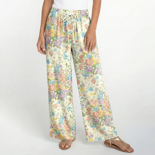 Boho Morning Dew Bouquet Wide Leg Tie Waist Pants With Pockets
