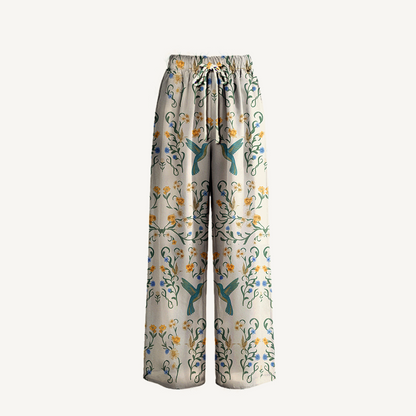 Boho Whispering Hummingbird Wide Leg Tie Waist Pants With Pockets