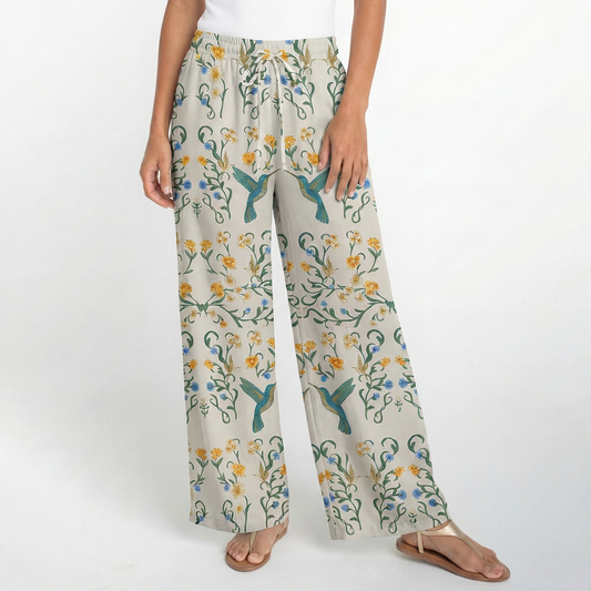 Boho Whispering Hummingbird Wide Leg Tie Waist Pants With Pockets