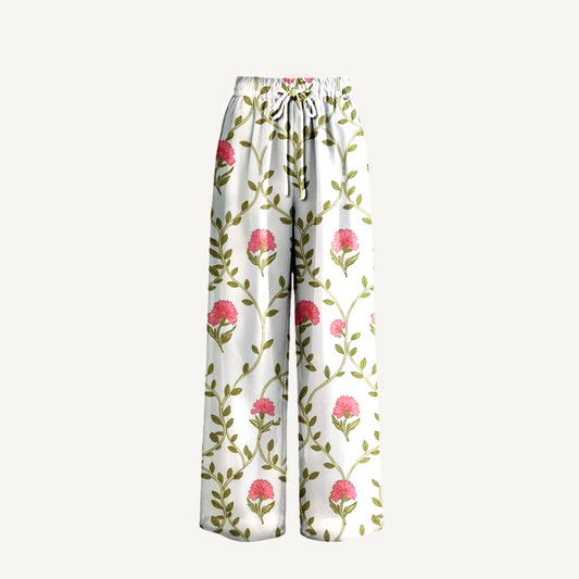 Boho Clover Vine Whisper Wide Leg Tie Waist Pants With Pockets