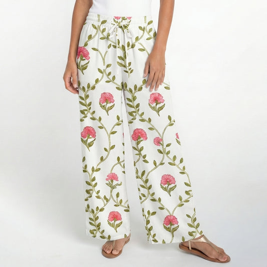 Boho Clover Vine Whisper Wide Leg Tie Waist Pants With Pockets