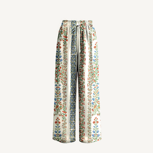 Boho Strawberry Vine Tales Wide Leg Tie Waist Pants With Pockets