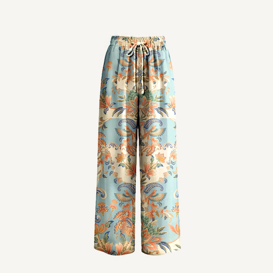 Boho Azure Lily Palace Wide Leg Tie Waist Pants With Pockets
