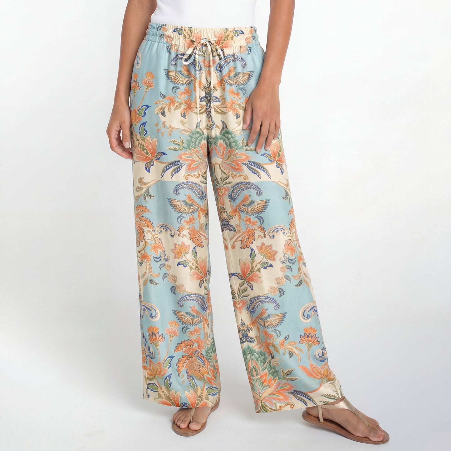 Boho Azure Lily Palace Wide Leg Tie Waist Pants With Pockets