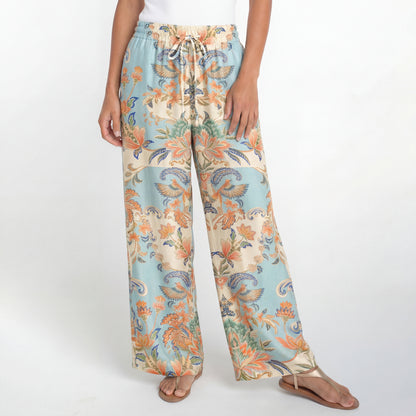 Boho Azure Lily Palace Wide Leg Tie Waist Pants With Pockets