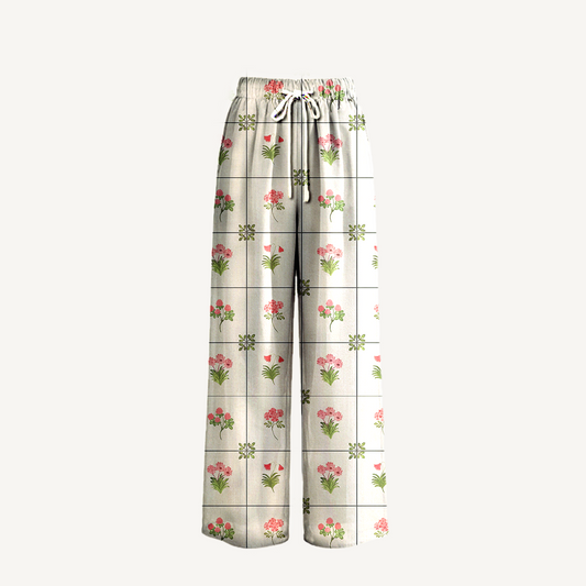Boho Meadow Tile Bloom Wide Leg Tie Waist Pants With Pockets