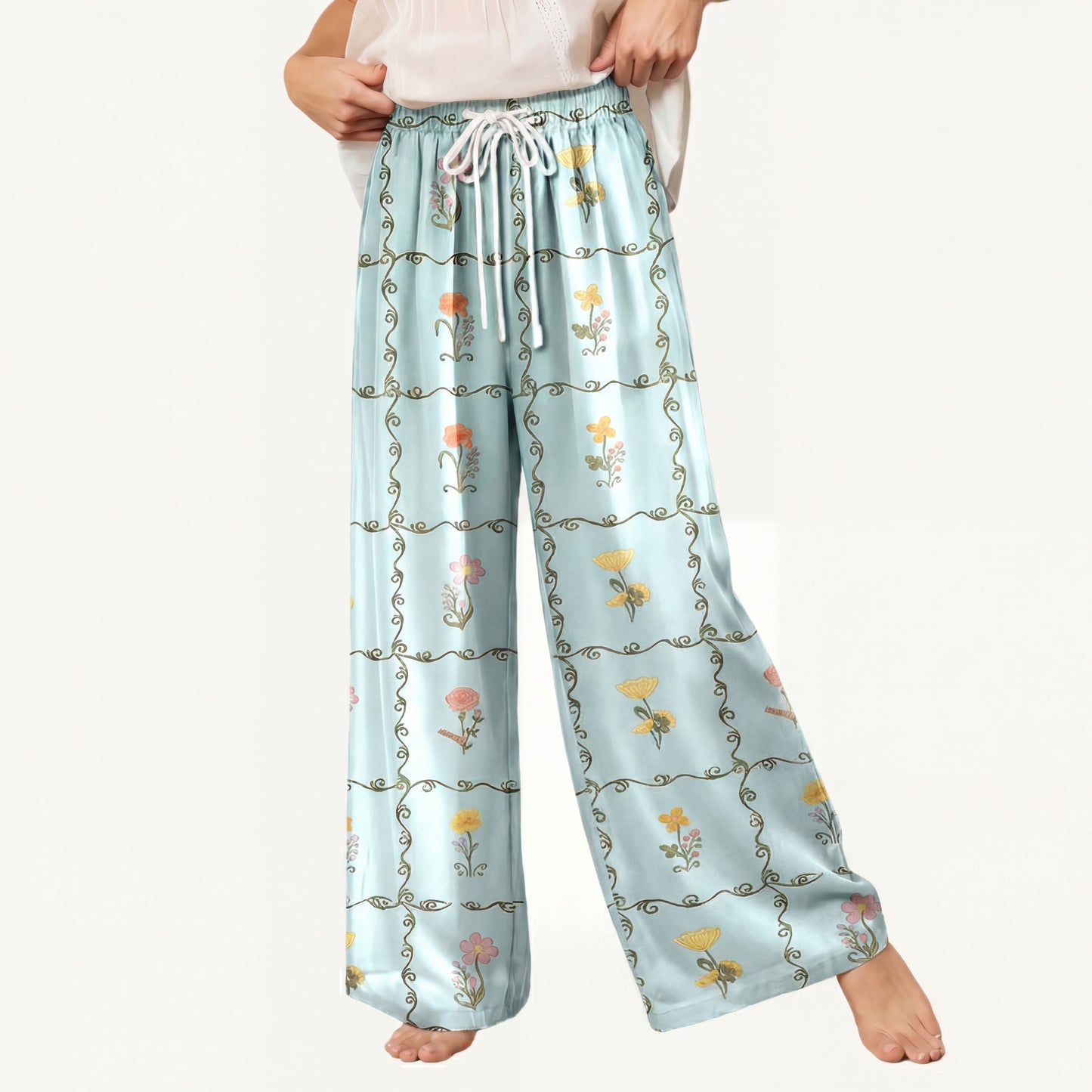 Boho Sunny Garden Tiles Wide Leg Tie Waist Pants With Pockets
