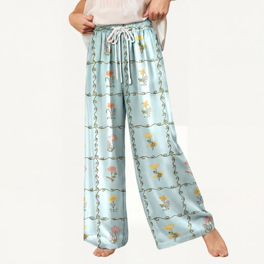 Boho Sunny Garden Tiles Wide Leg Tie Waist Pants With Pockets