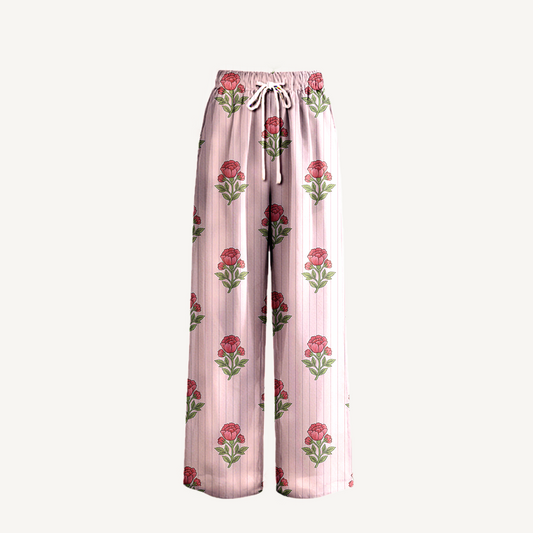 Boho Misty Rose Garden Wide Leg Tie Waist Pants With Pockets