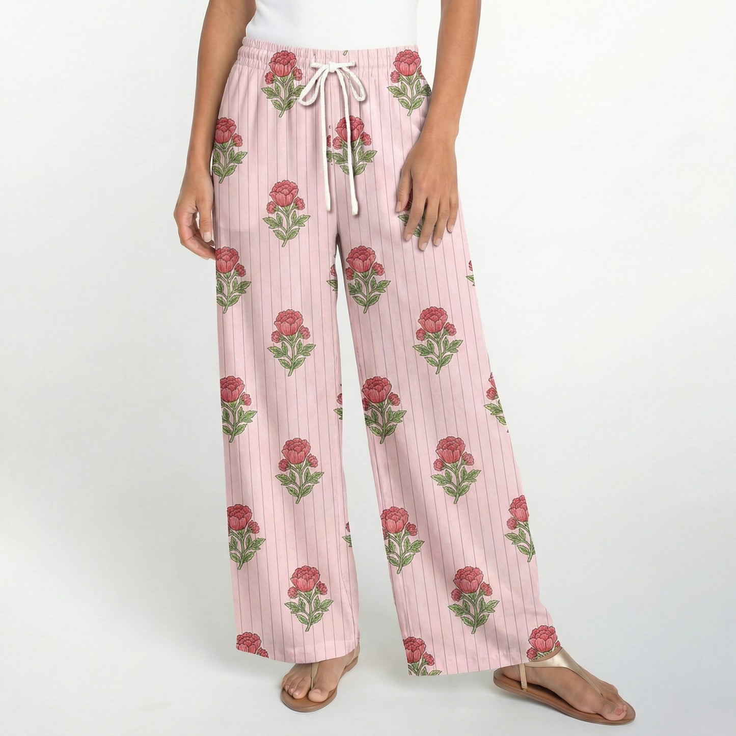 Boho Misty Rose Garden Wide Leg Tie Waist Pants With Pockets