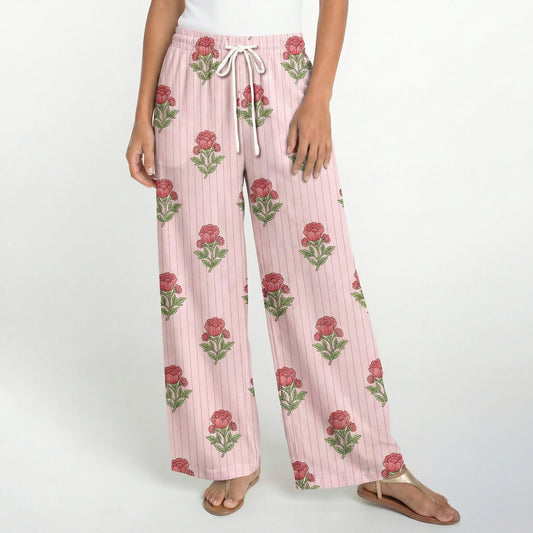 Boho Misty Rose Garden Wide Leg Tie Waist Pants With Pockets