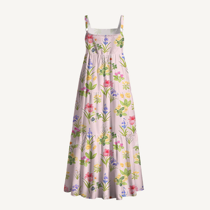 Square Neck Delicate Blossom Print Wide Straps Maxi Dress With Pockets