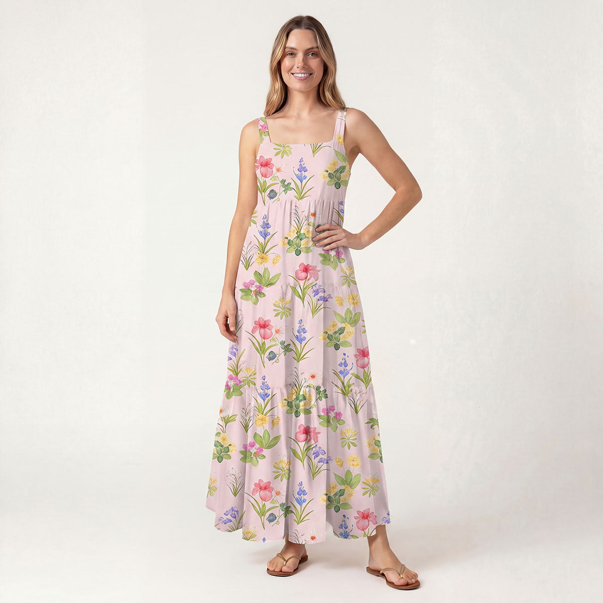 Square Neck Delicate Blossom Print Wide Straps Maxi Dress With Pockets