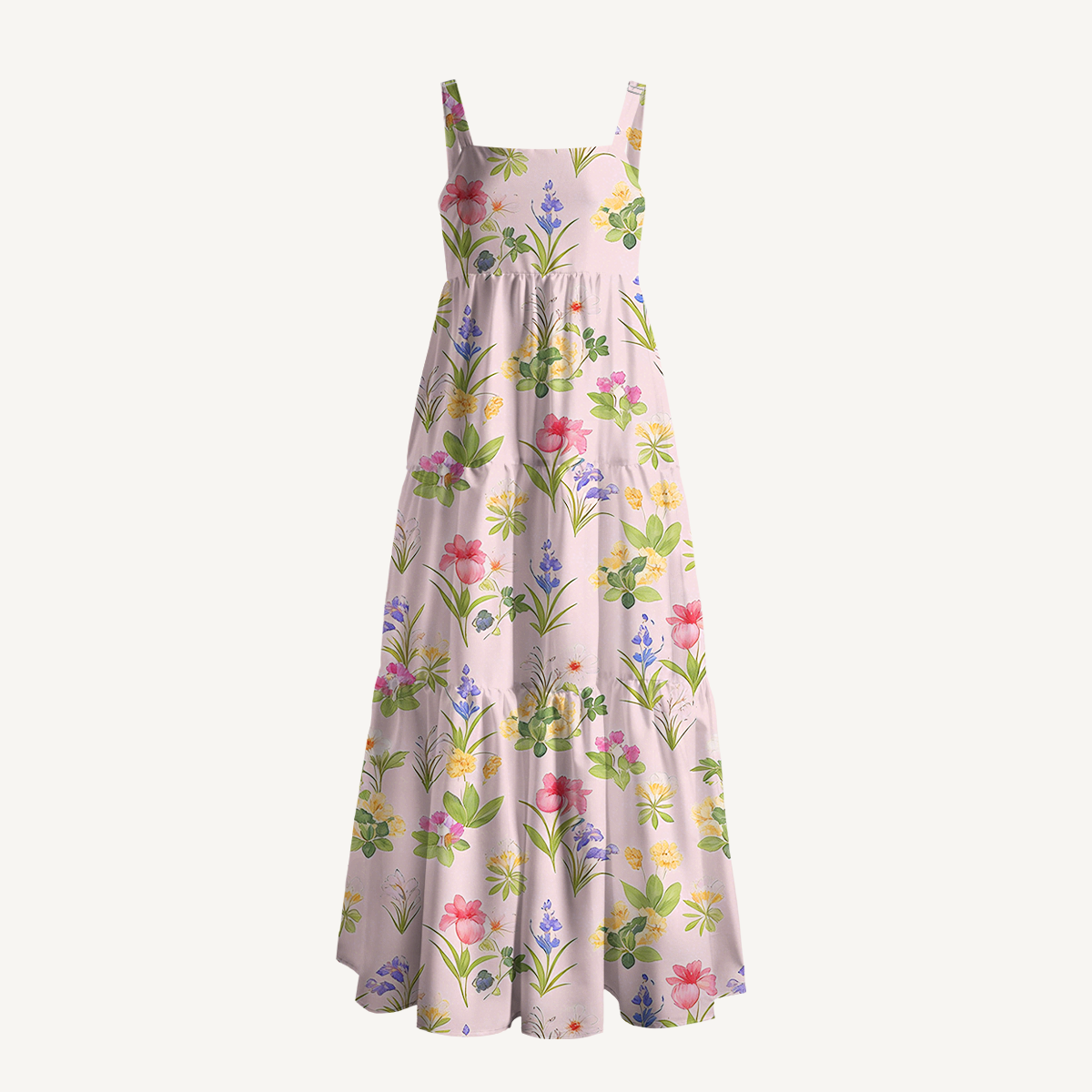 Square Neck Delicate Blossom Print Wide Straps Maxi Dress With Pockets