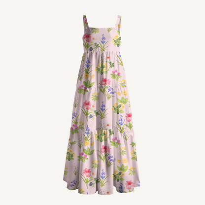 Square Neck Delicate Blossom Print Wide Straps Maxi Dress With Pockets