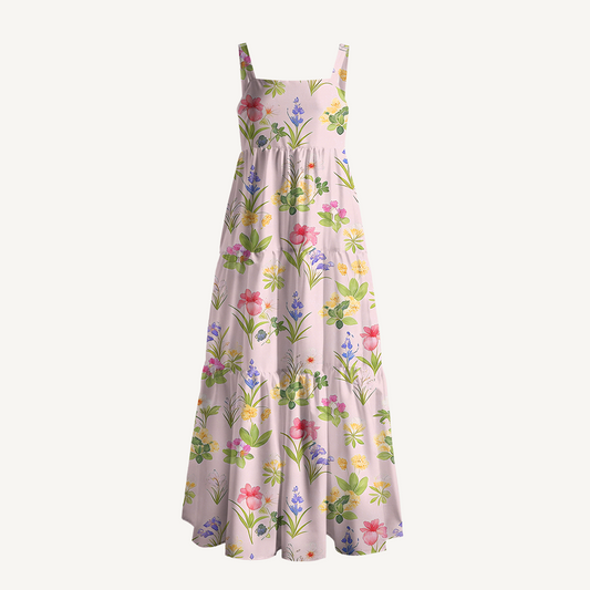 Square Neck Delicate Blossom Print Wide Straps Maxi Dress With Pockets