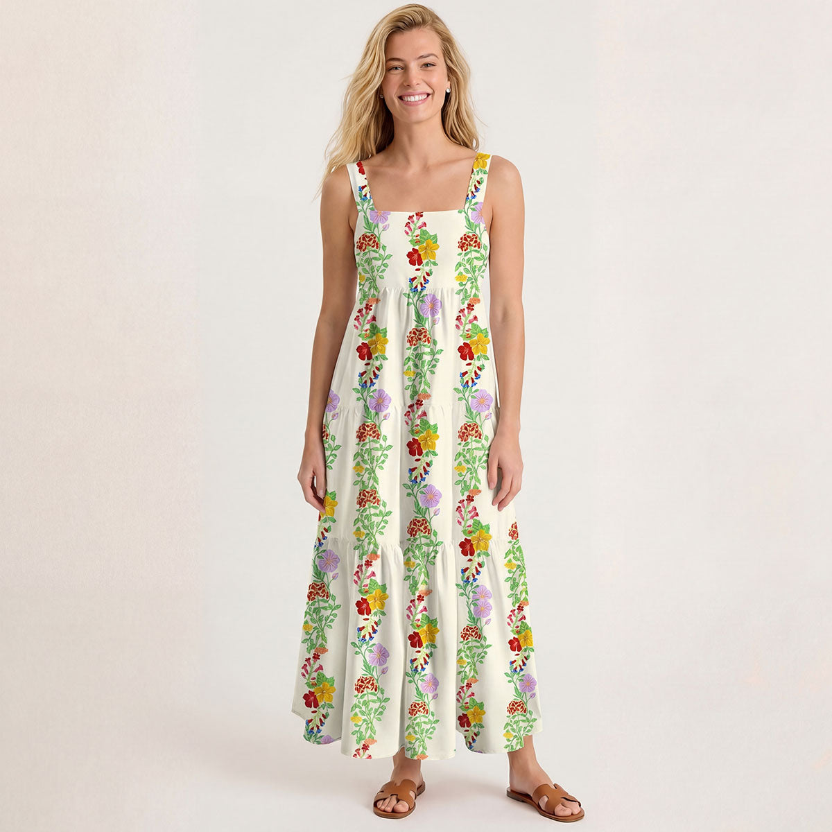Square Neck Blossom Trail Print Wide Straps Maxi Dress With Pockets